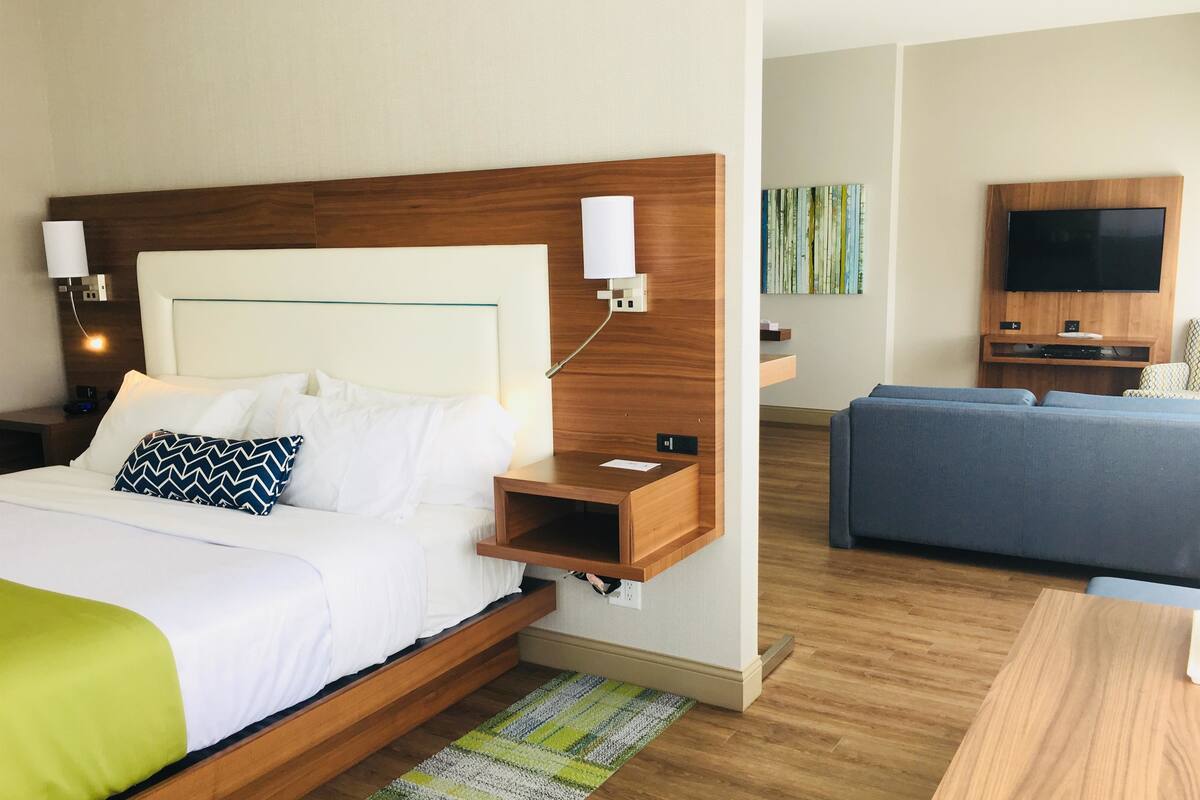 Une chambre d’hôtel avec un lit, une table de chevet, une lampe, une télévision et un canapé.