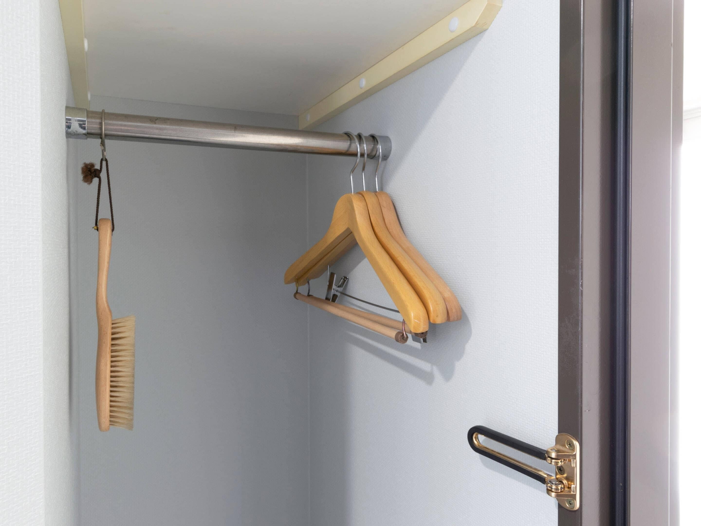 A closet with a hanging rod, a wooden hanger, and a wooden brush.