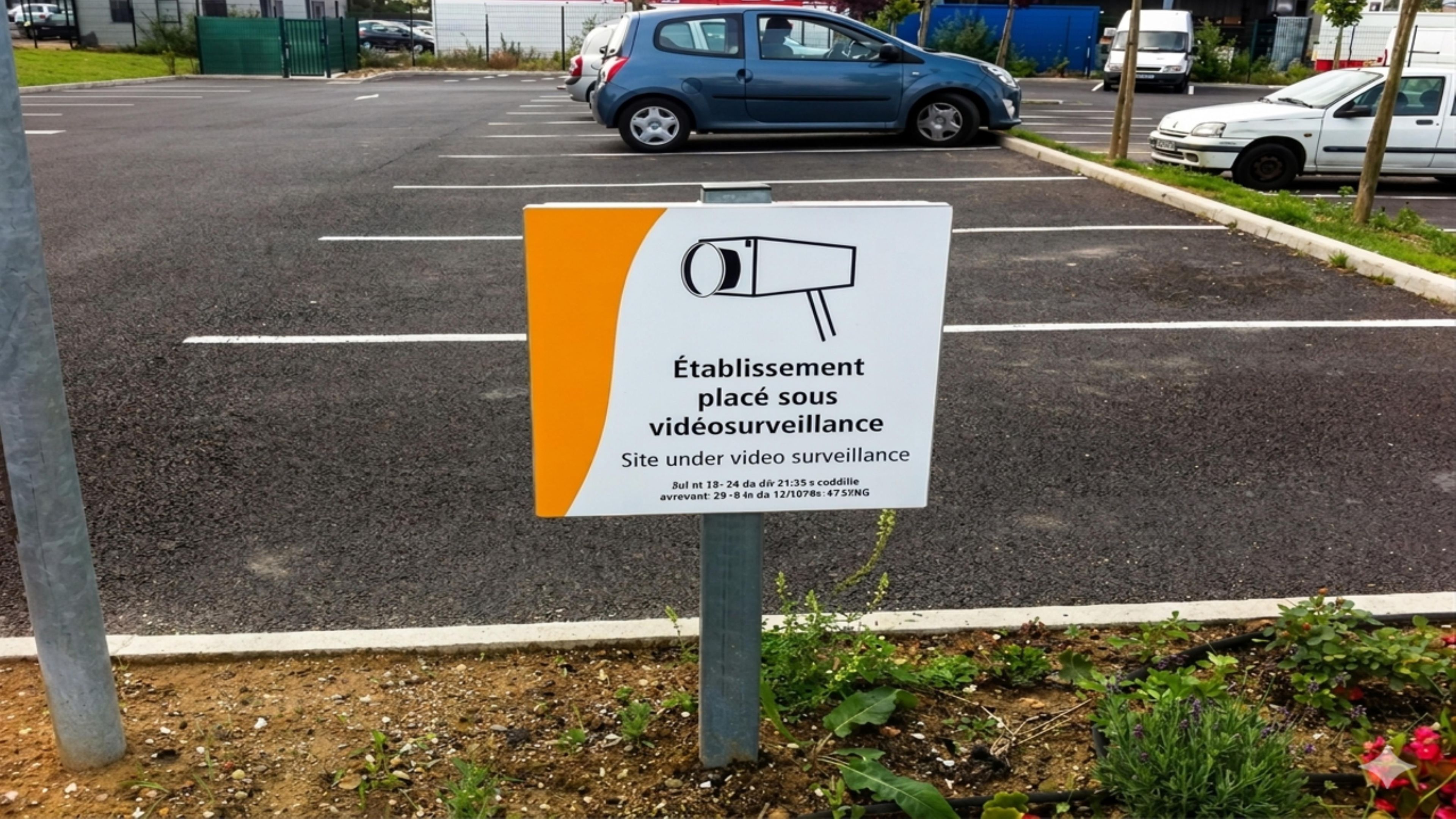 A parking lot with a sign indicating the establishment is under video surveillance.
