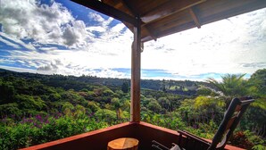 A balcony with a wooden table and chairs, overlooking a lush landscape with dense vegetation and a clear sky. - Hotel Mango Valley (San Roque)