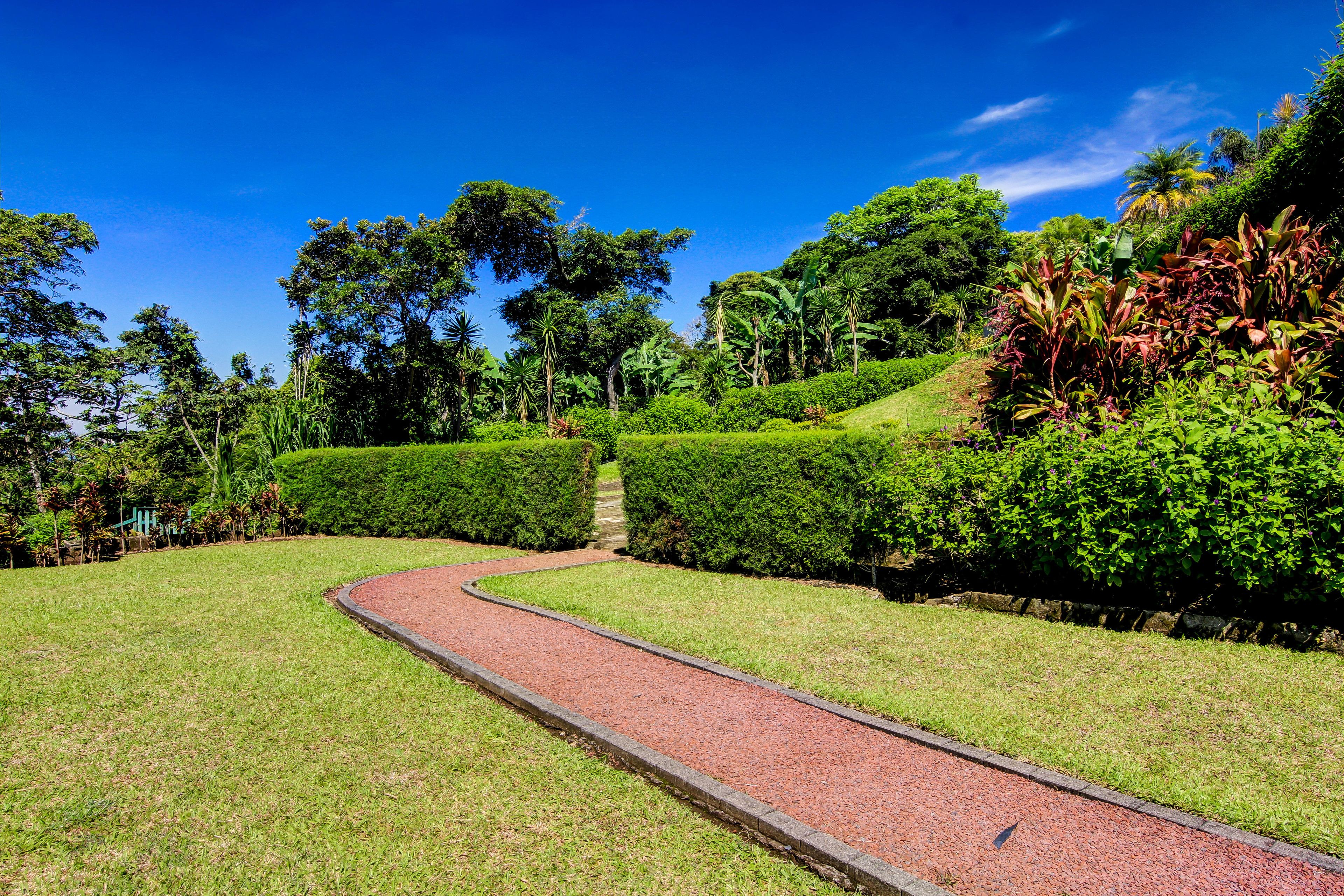 Um jardim ajardinado com um caminho de cascalho serpenteante, sebes bem aparadas e uma variedade de plantas tropicais.