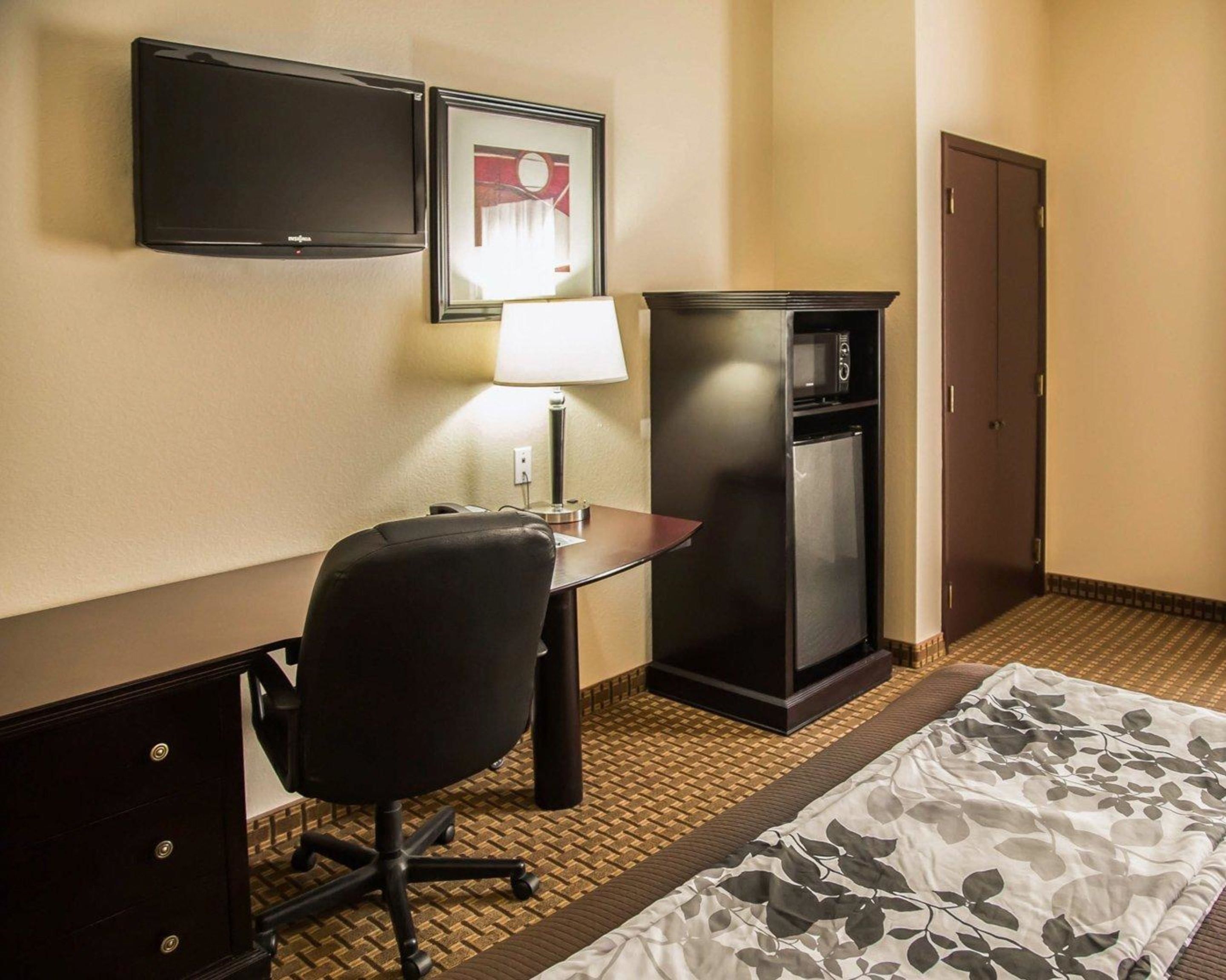 A hotel room with a bed, a desk, a chair, a television, a microwave, and a wardrobe.