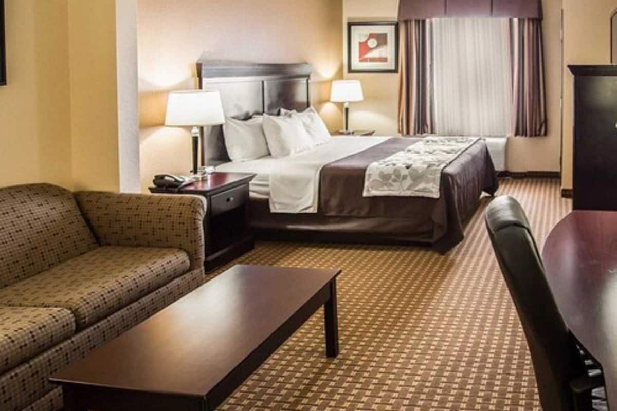 premium bedding, desk, laptop workspace, blackout curtains