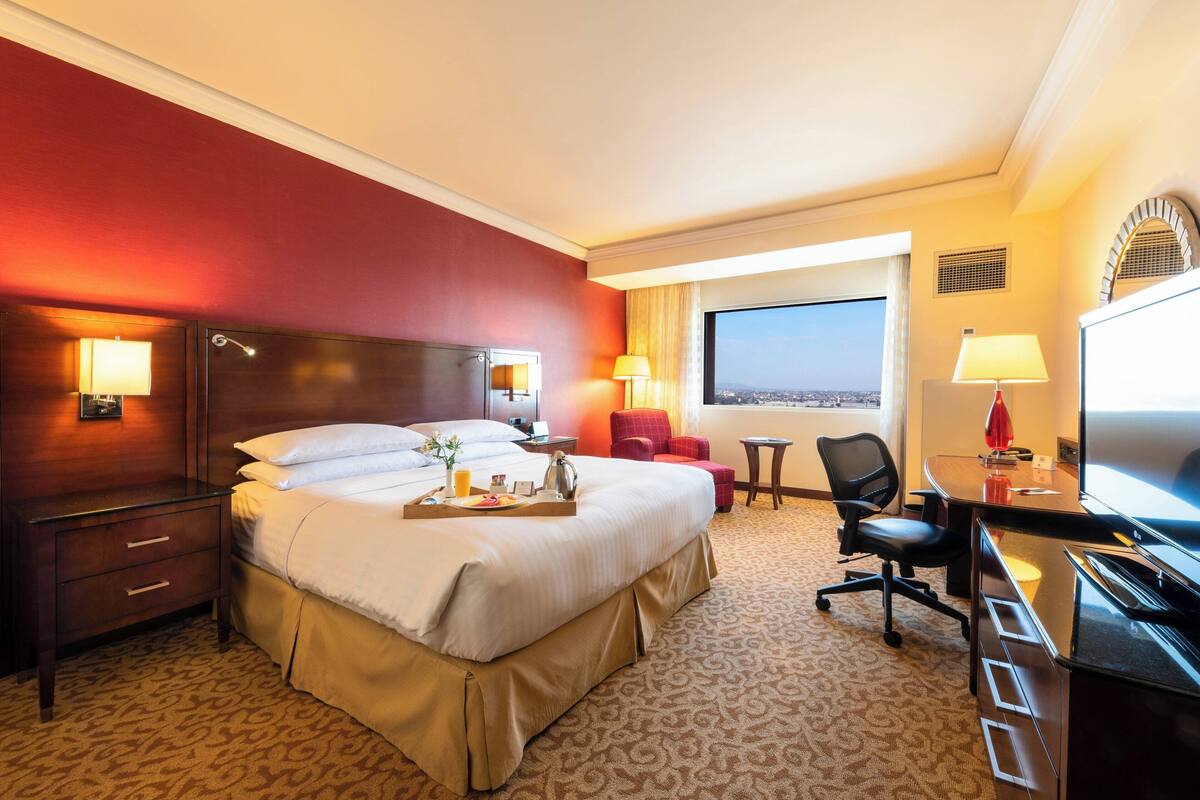 A hotel room with a large bed, a desk, a chair, a TV, and a window with a city view.