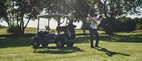 A golf cart on a well-maintained grassy area with trees in the background.