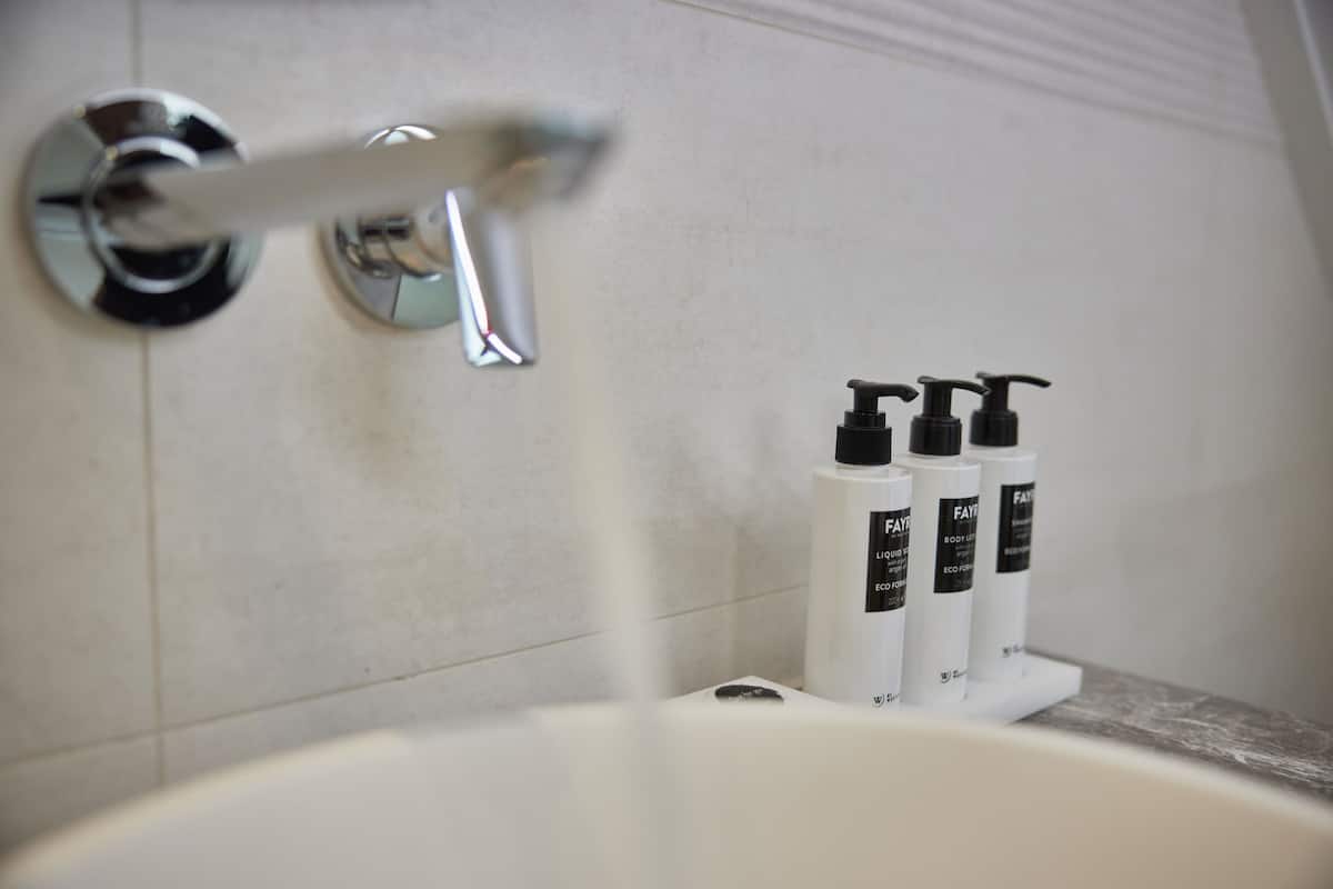 superior double room | bathroom | separate bathtub and shower, eco-friendly toiletries, hair dryer, towels