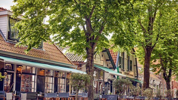 Ein Straßencafé mit Holztischen und -stühlen, umgeben von Bäumen und Gebäuden im traditionellen Stil.
