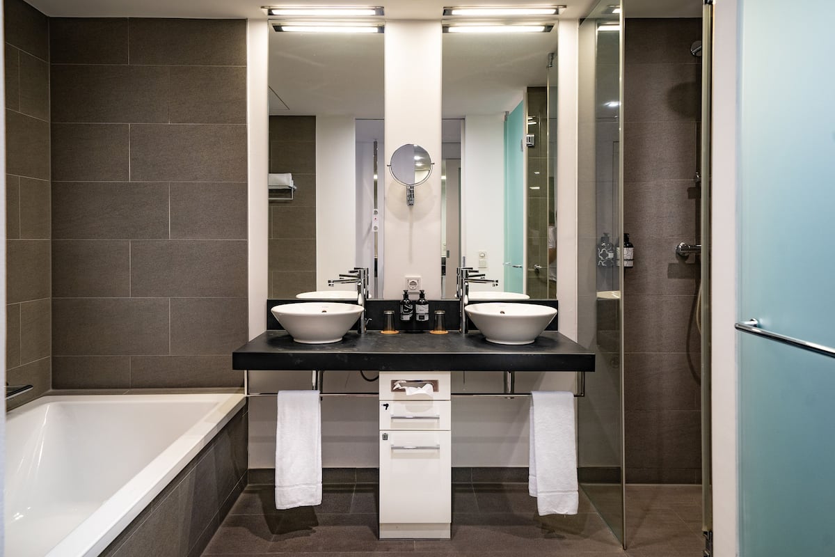 eco-friendly toiletries, hair dryer, towels