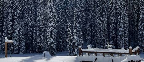 A snow-covered landscape with a wooden bench and a wooden post.
