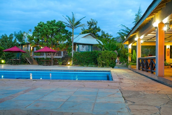 Una piscina al aire libre, sombrillas, sillones reclinables de piscina