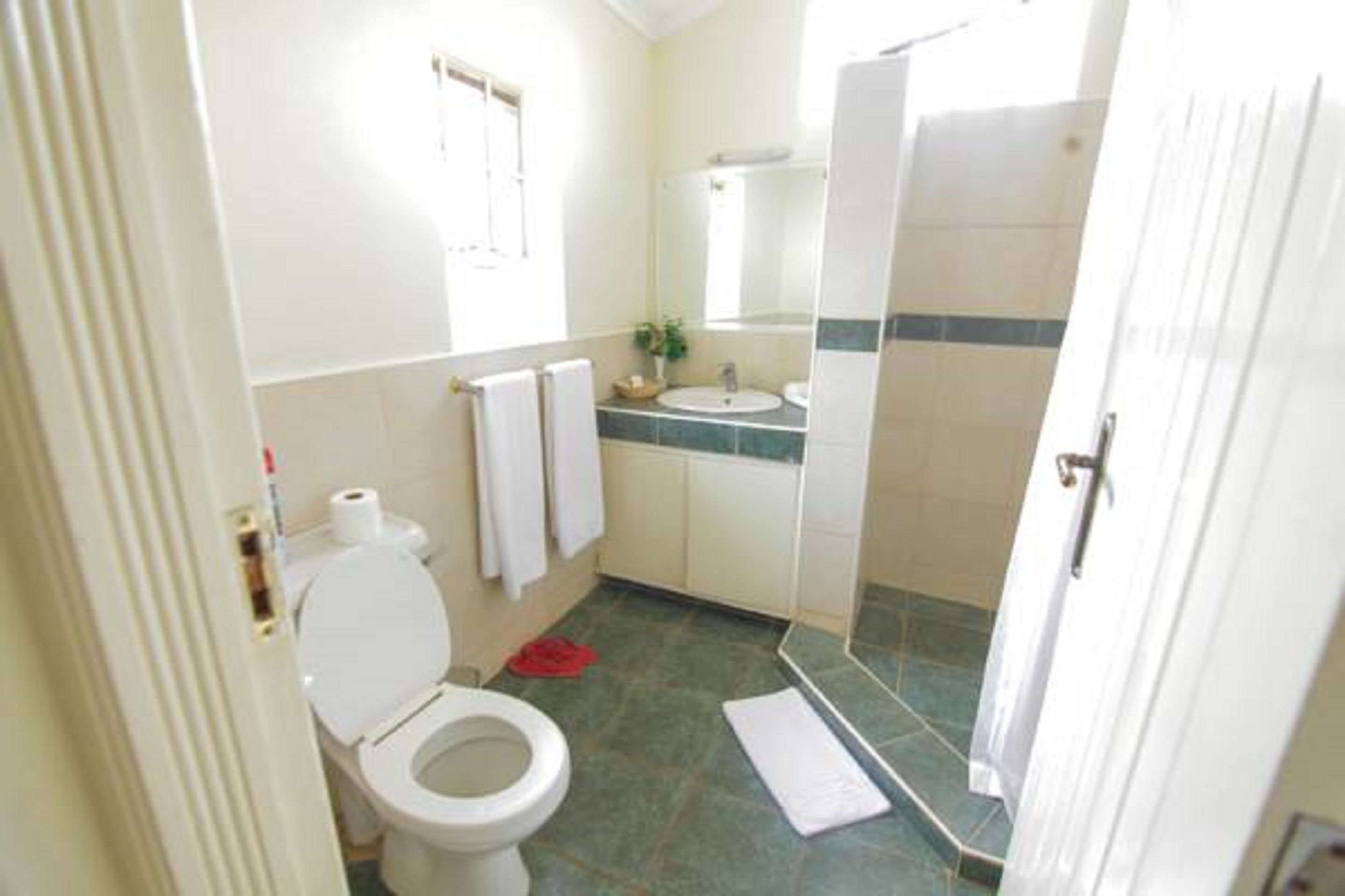 Une salle de bain avec des toilettes, un lavabo et une douche.