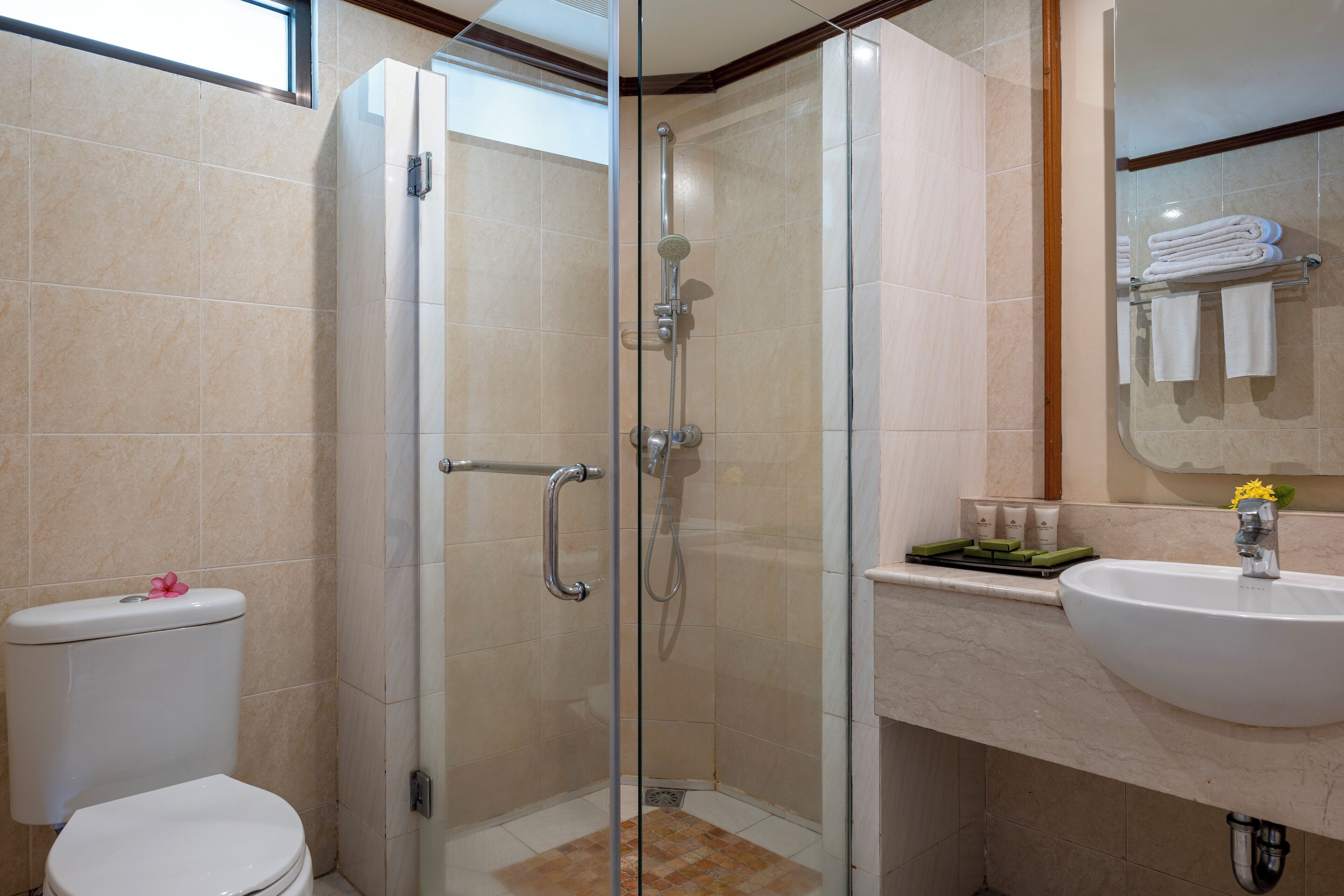 A bathroom with a glass-enclosed shower, a white toilet, and a sink with toiletries.
