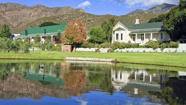 Ein Hotel am Seeufer mit grüner Dachbegrünung, weißen Wänden und Spiegelung im Wasser.