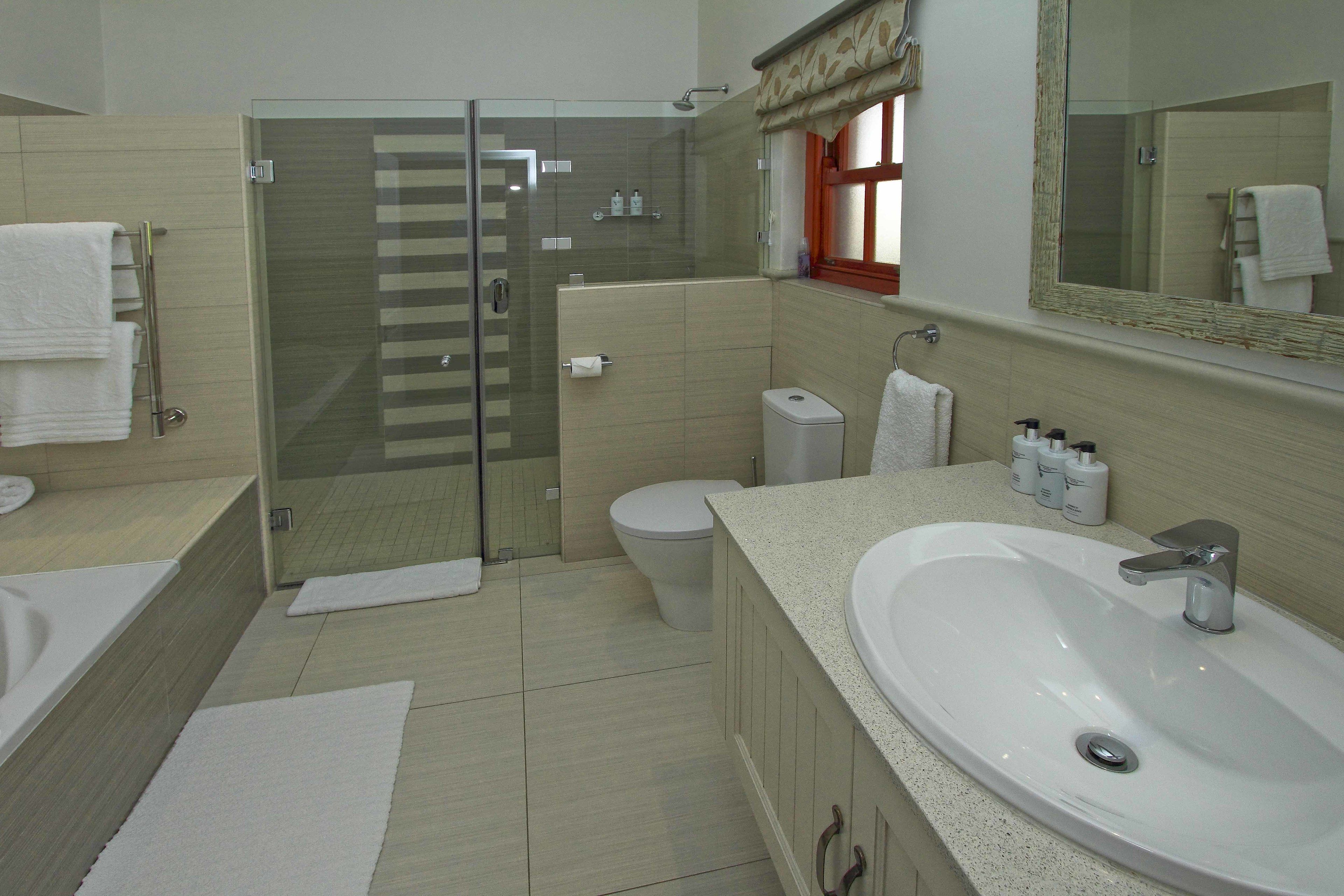 A modern bathroom with a glass-enclosed shower, a large sink, and a toilet.