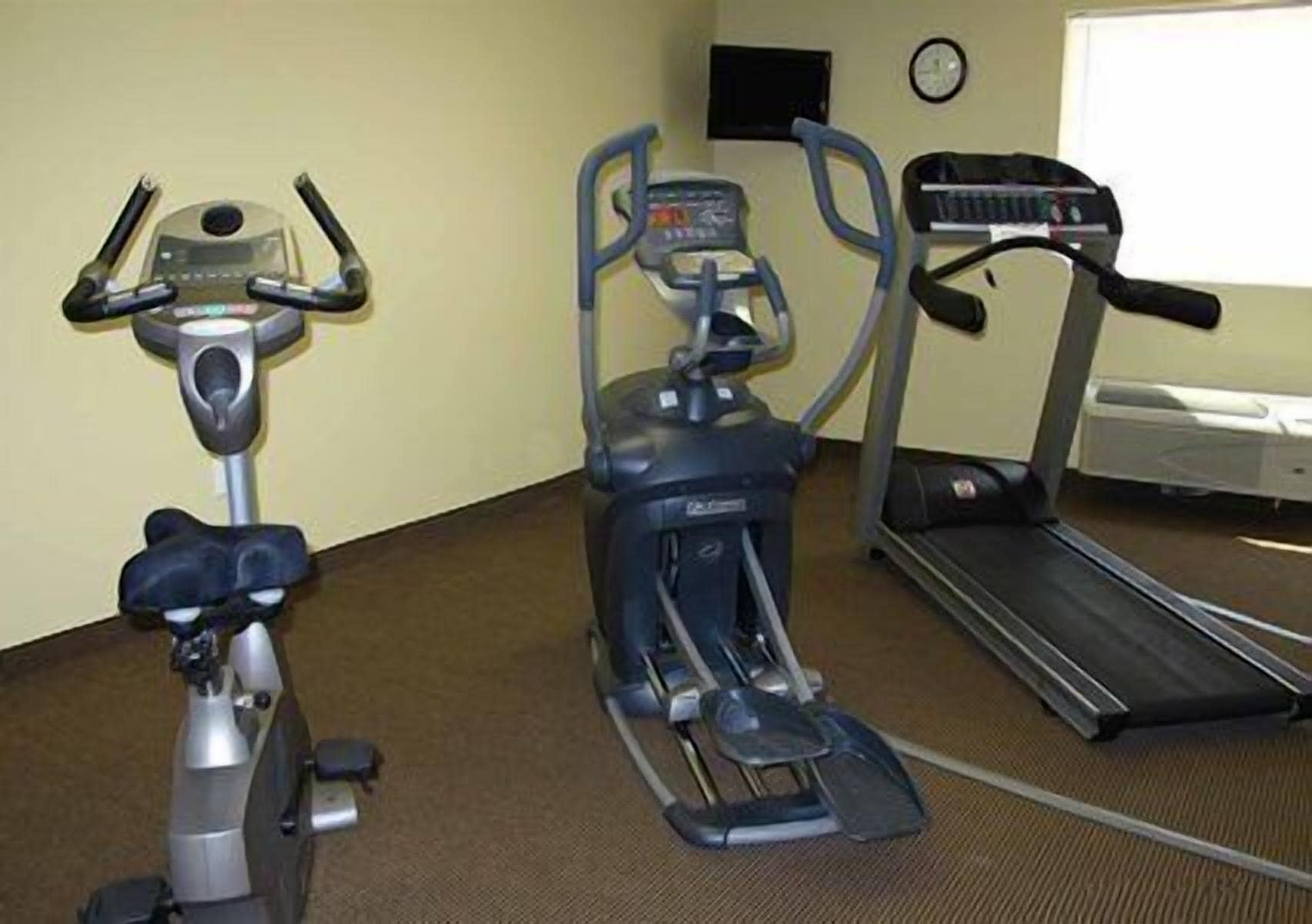 Three stationary bikes and a treadmill in a room with carpet flooring.