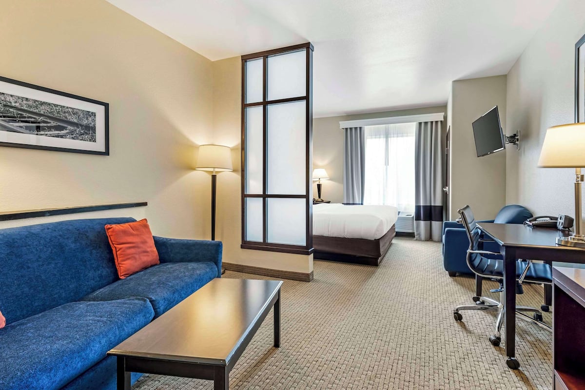 A hotel room with a blue sofa, a small table, a bed, a desk with a chair, a TV mounted on the wall, and a window with curtains.