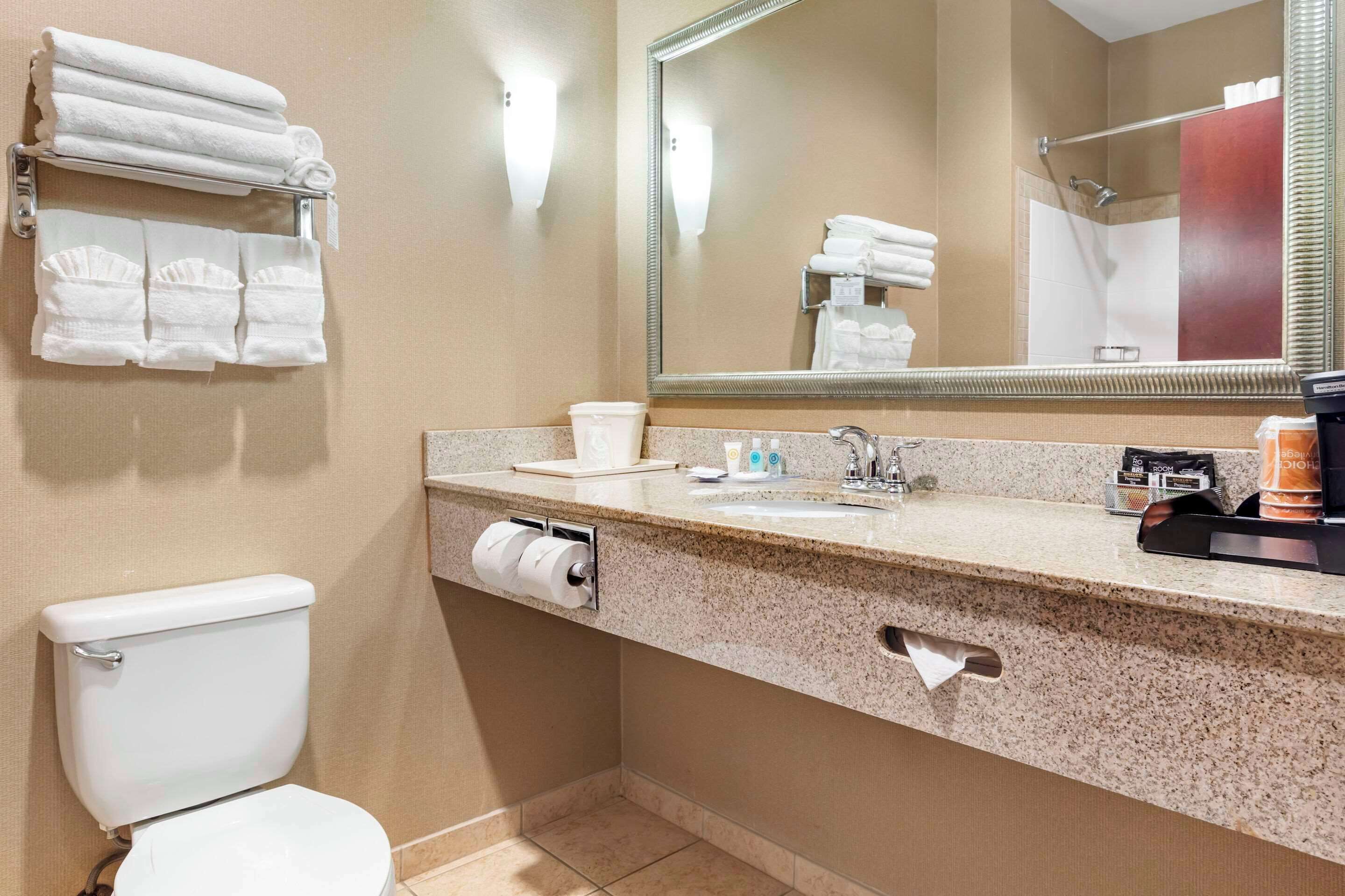 Une salle de bain équipée de toilettes, d’un lavabo, d’un miroir, d’un porte-serviettes et d’articles de toilette.