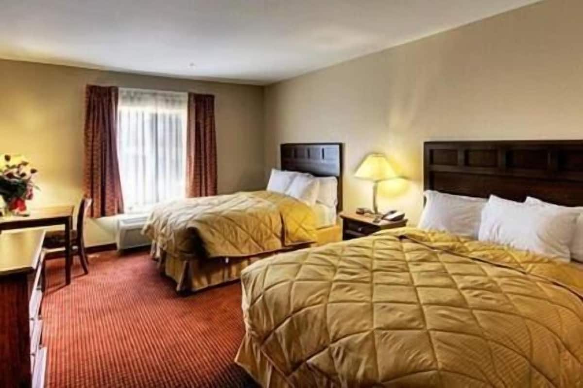 Habitación de hotel con dos camas, un escritorio y una silla.
