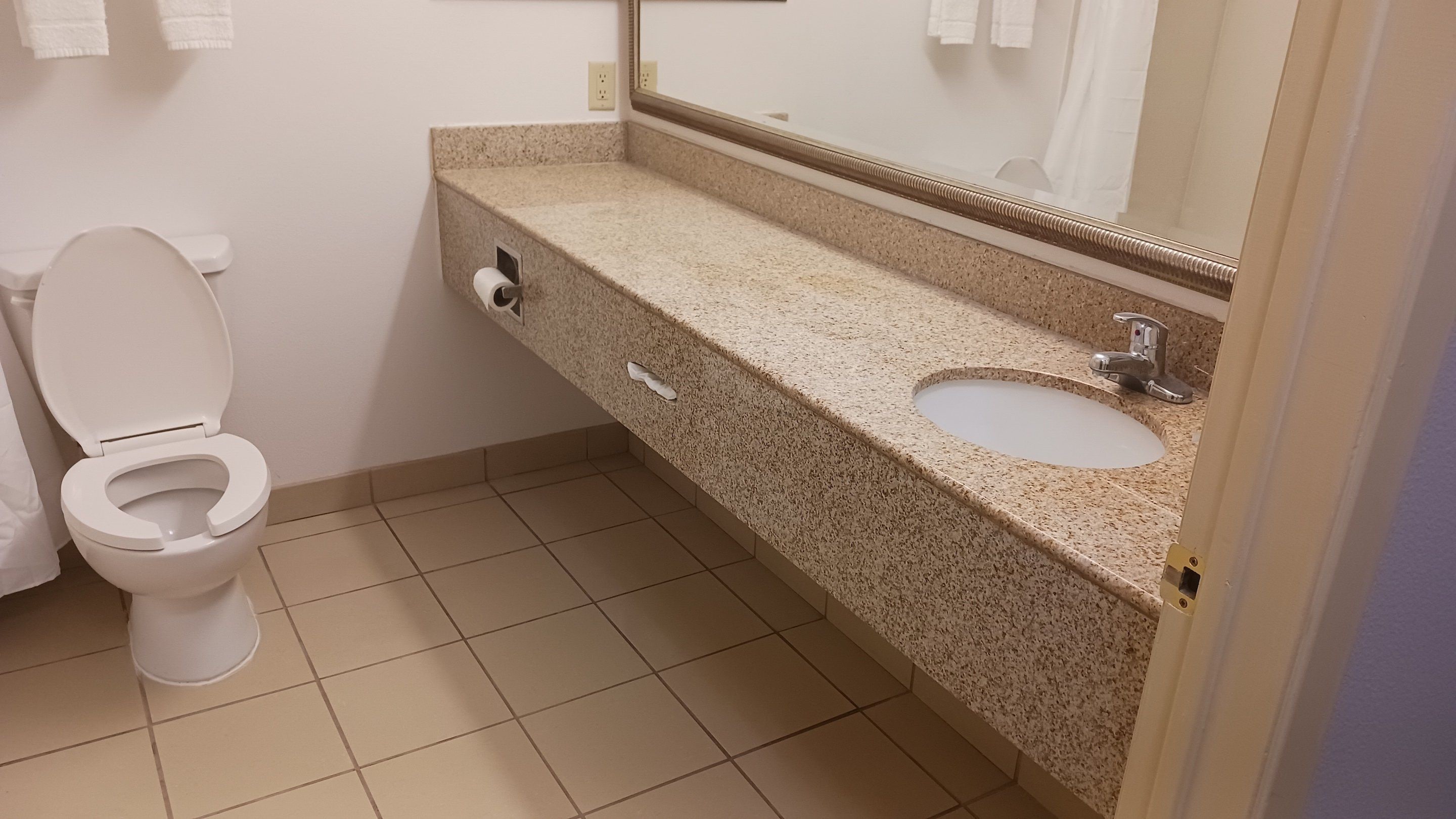 A bathroom with a toilet, sink, and mirror.