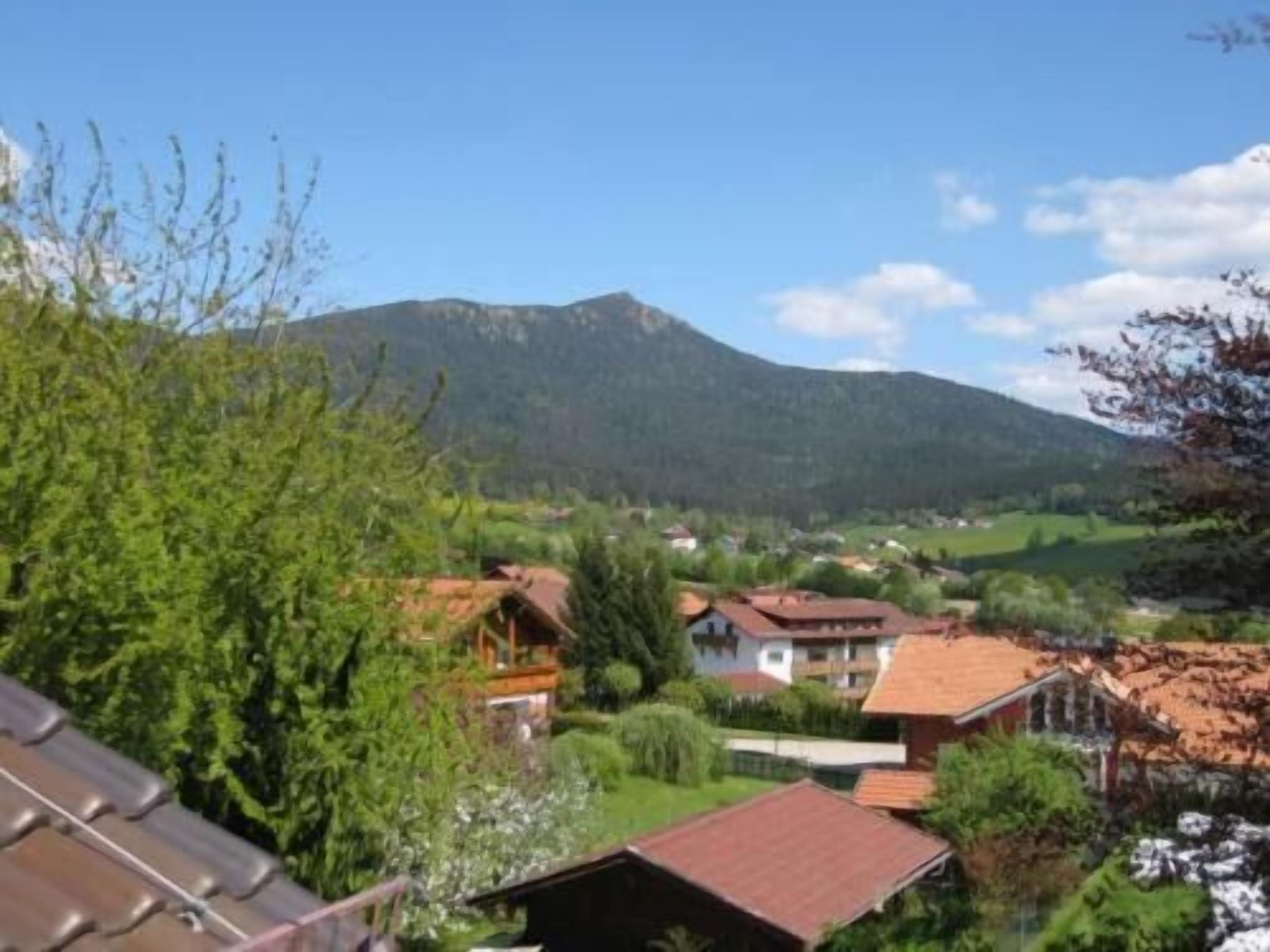 A mountainous landscape with houses and greenery.