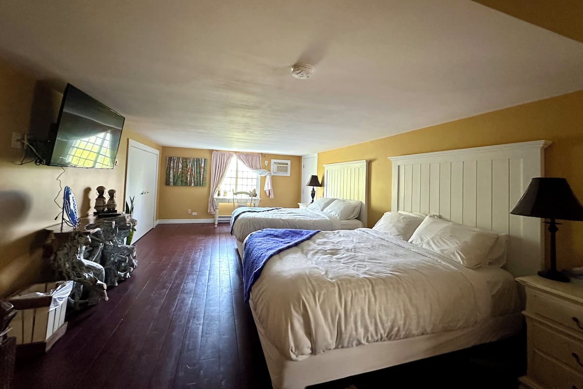 Habitación de hotel con dos camas, televisión, escritorio y una silla.