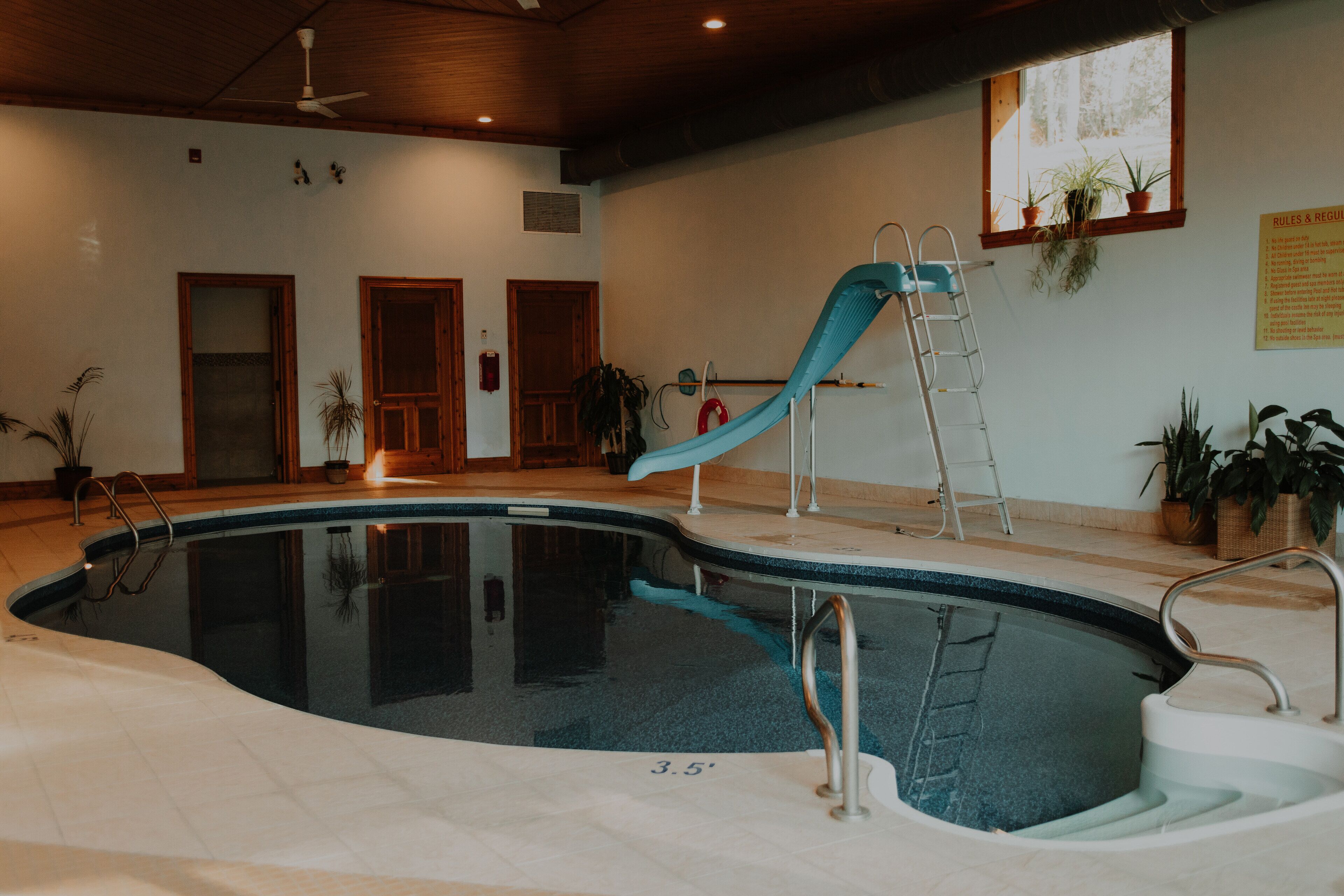 Alberca techada, acceso de 08:00 a 23:00, y camastros 