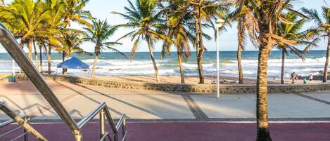 A beachside walkway with palm trees, a blue umbrella, and a view of the ocean.