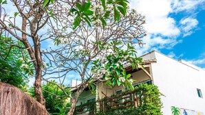 Un bâtiment doté d’une toiture en chaume, entouré d’une végétation luxuriante et d’arbres en fleurs.