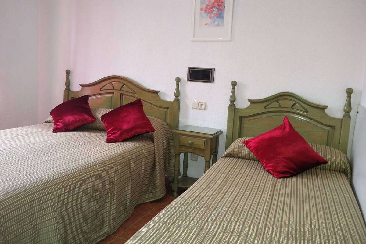 Una habitación con dos camas, cada una con cabecero de madera y almohada roja. Hay una mesita de noche pequeña entre las camas, y un cuadro enmarcado en la pared sobre ellas.
