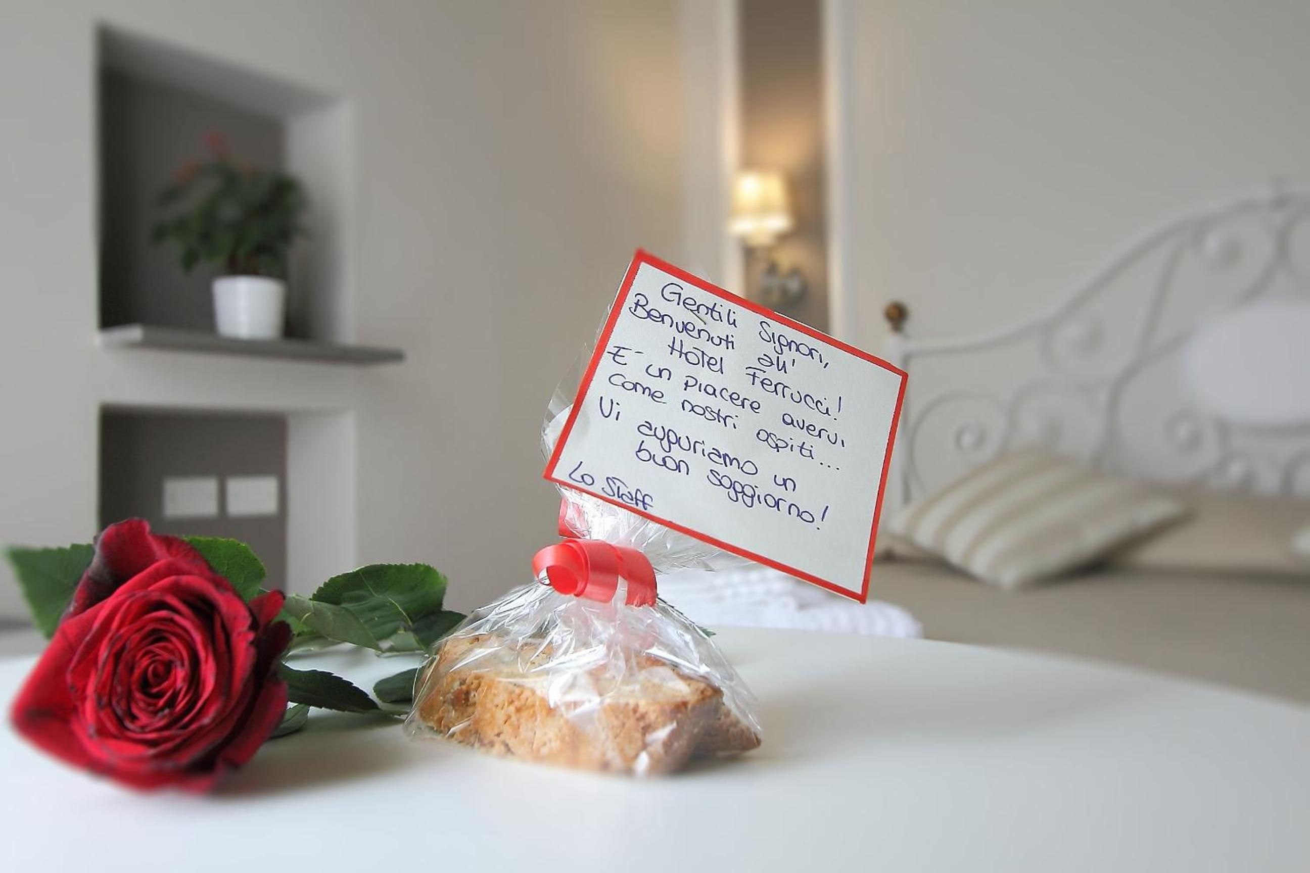 A bed with a white headboard, a red rose, and a small plastic bag with a handwritten note.