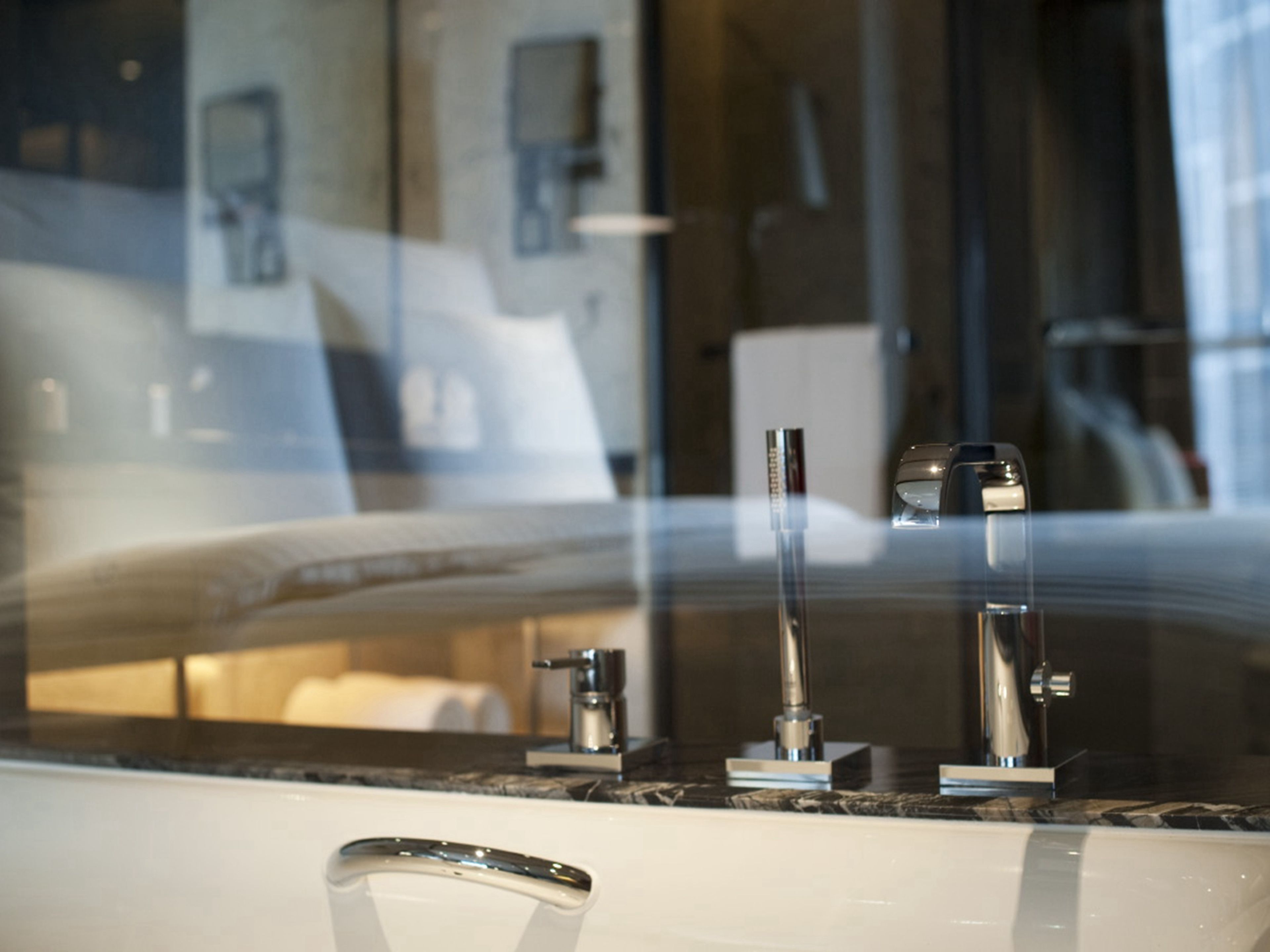 separate bathtub and shower, free toiletries, hair dryer, bathrobes