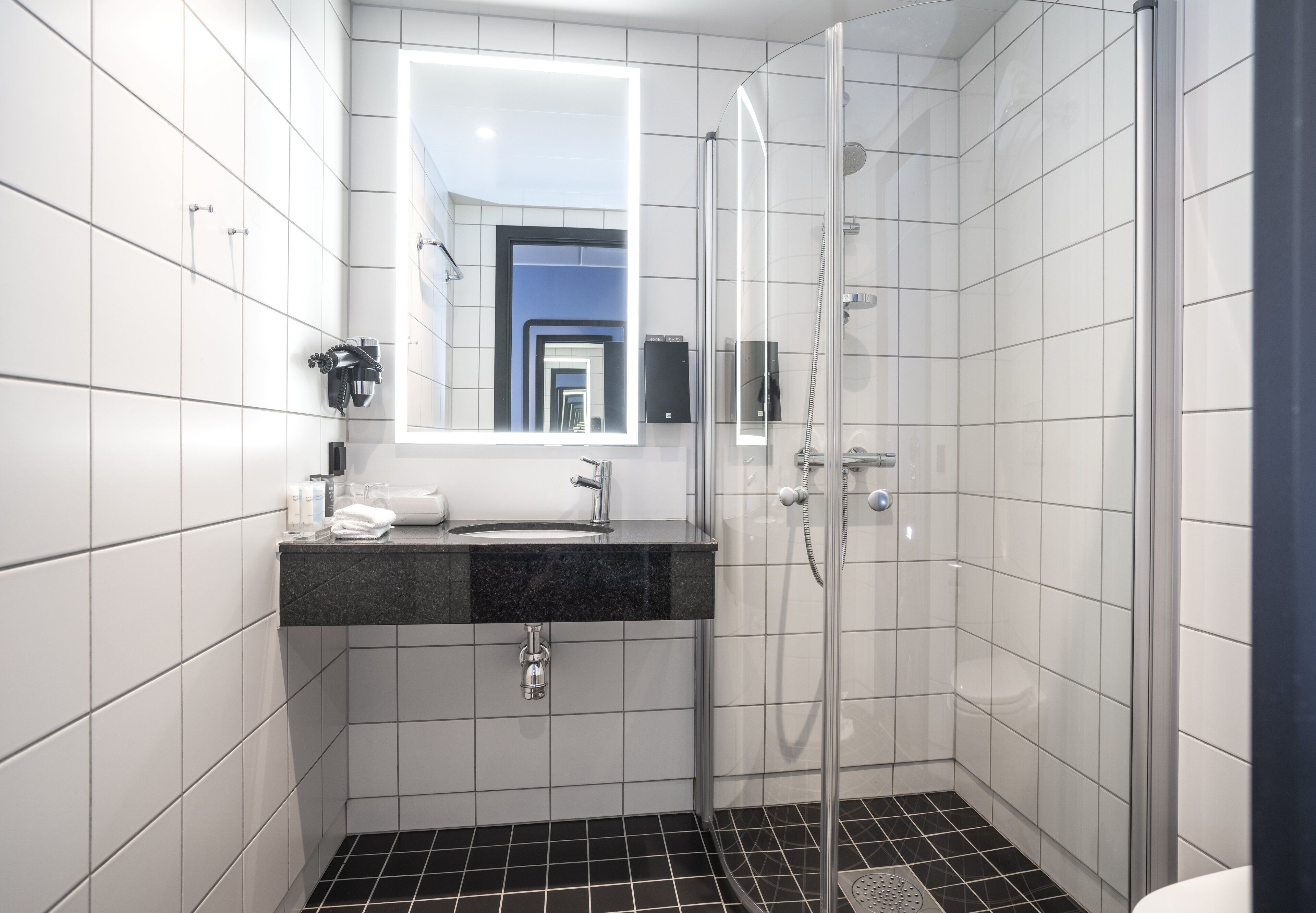 shower, eco-friendly toiletries, hair dryer, towels