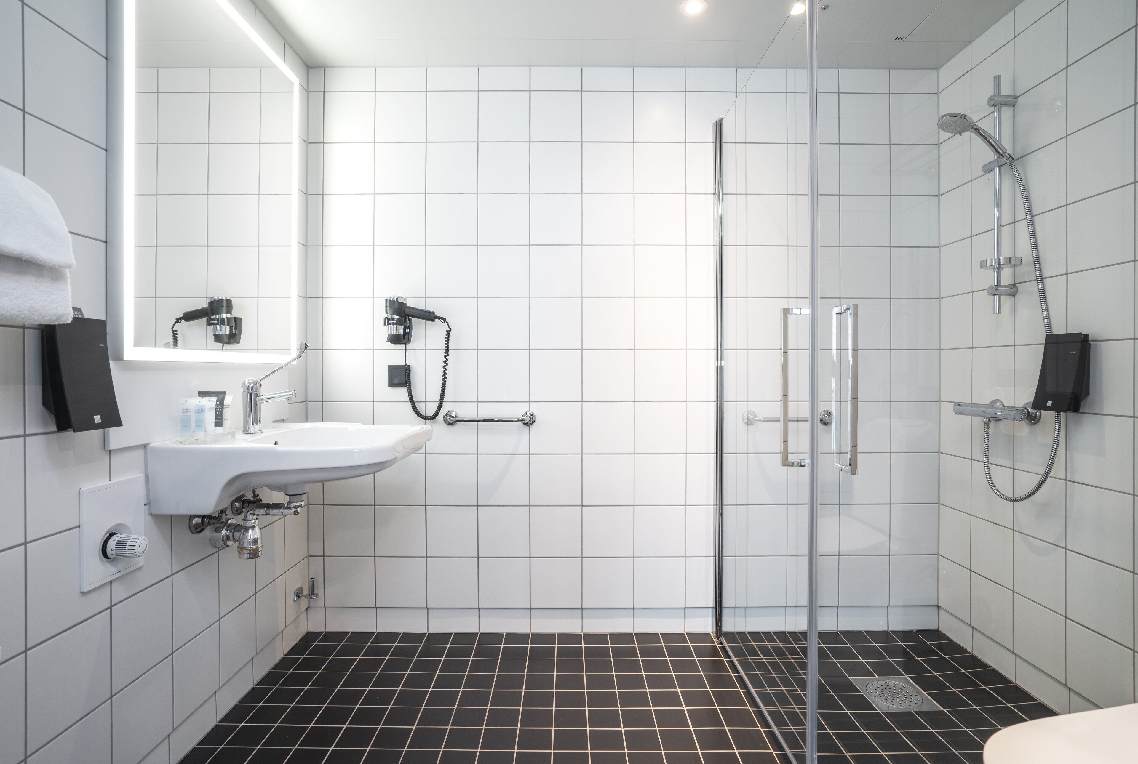 shower, eco-friendly toiletries, hair dryer, towels