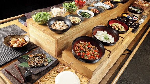 A buffet table with various dishes and bowls of food. - Hotel MyStays Kyoto - Shijo (Kyoto)