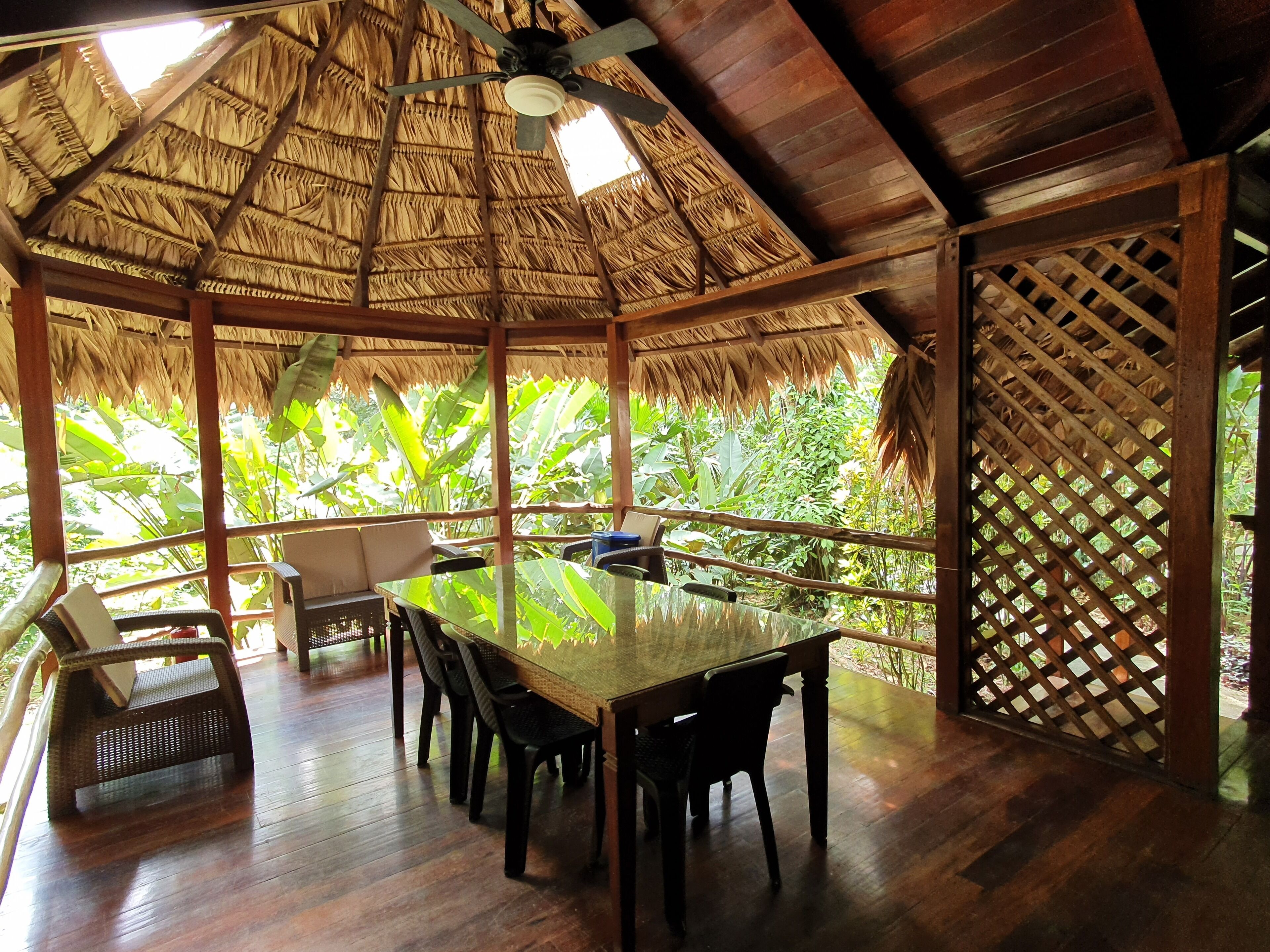 A wooden deck with a thatched roof, surrounded by lush greenery.