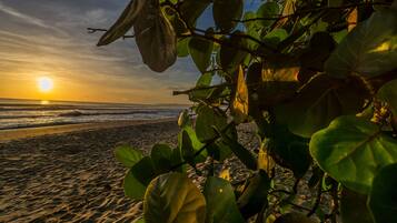 Una playa con vista al océano y un atardecer.