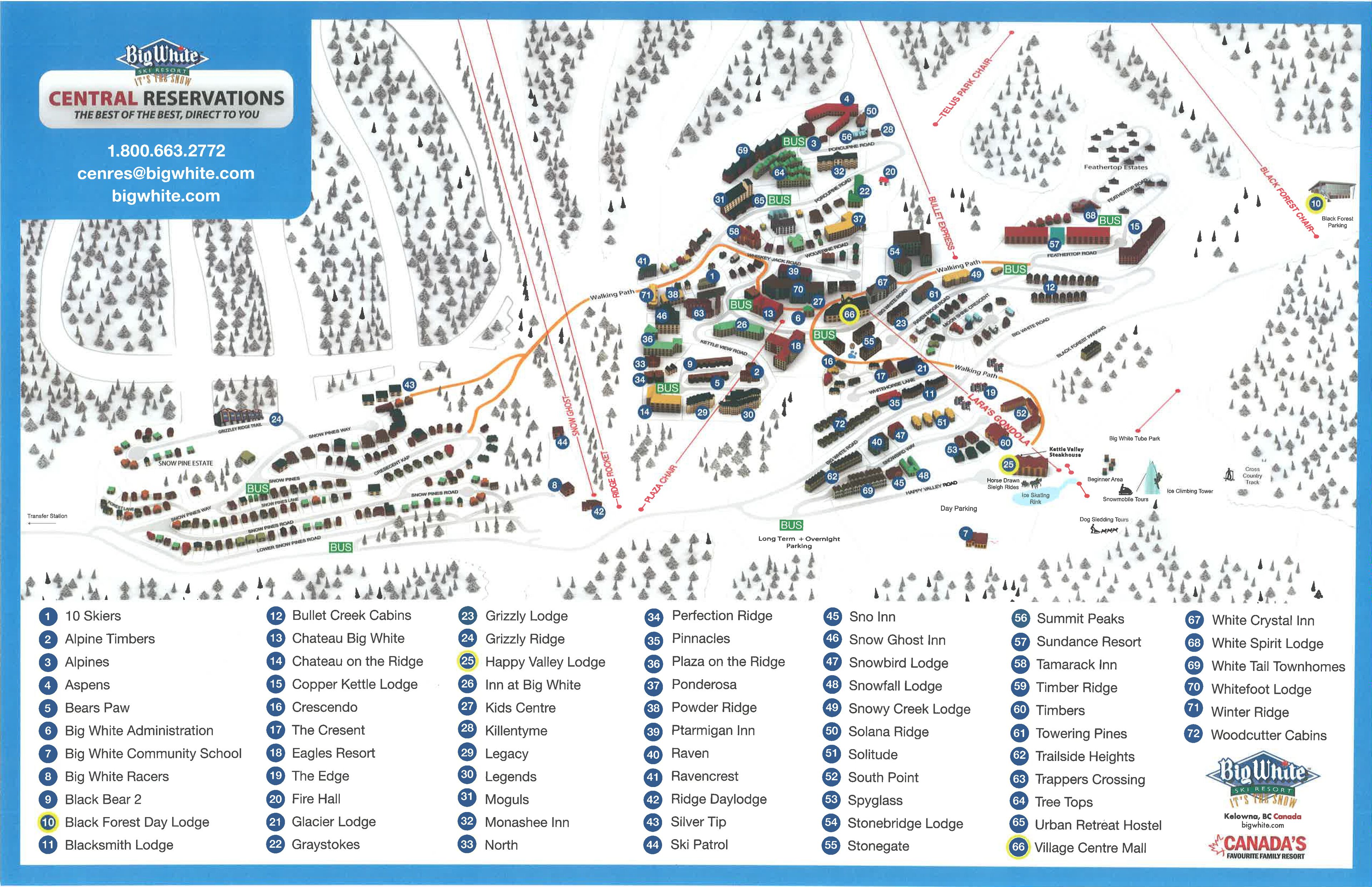 A map of Big White Central Reservations with various lodges and amenities marked, including ski lifts and trails.