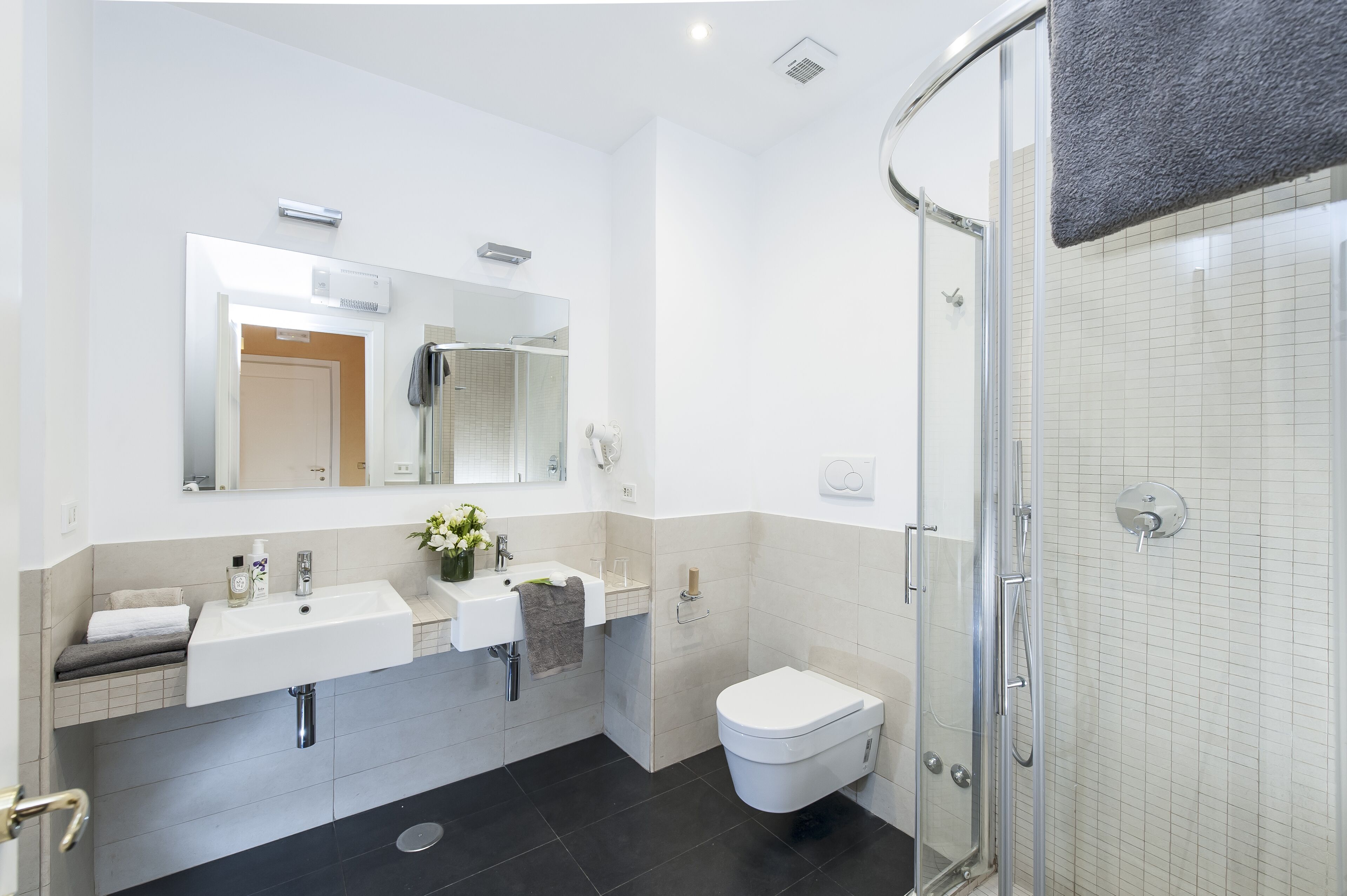 Shower, free toiletries, hair dryer