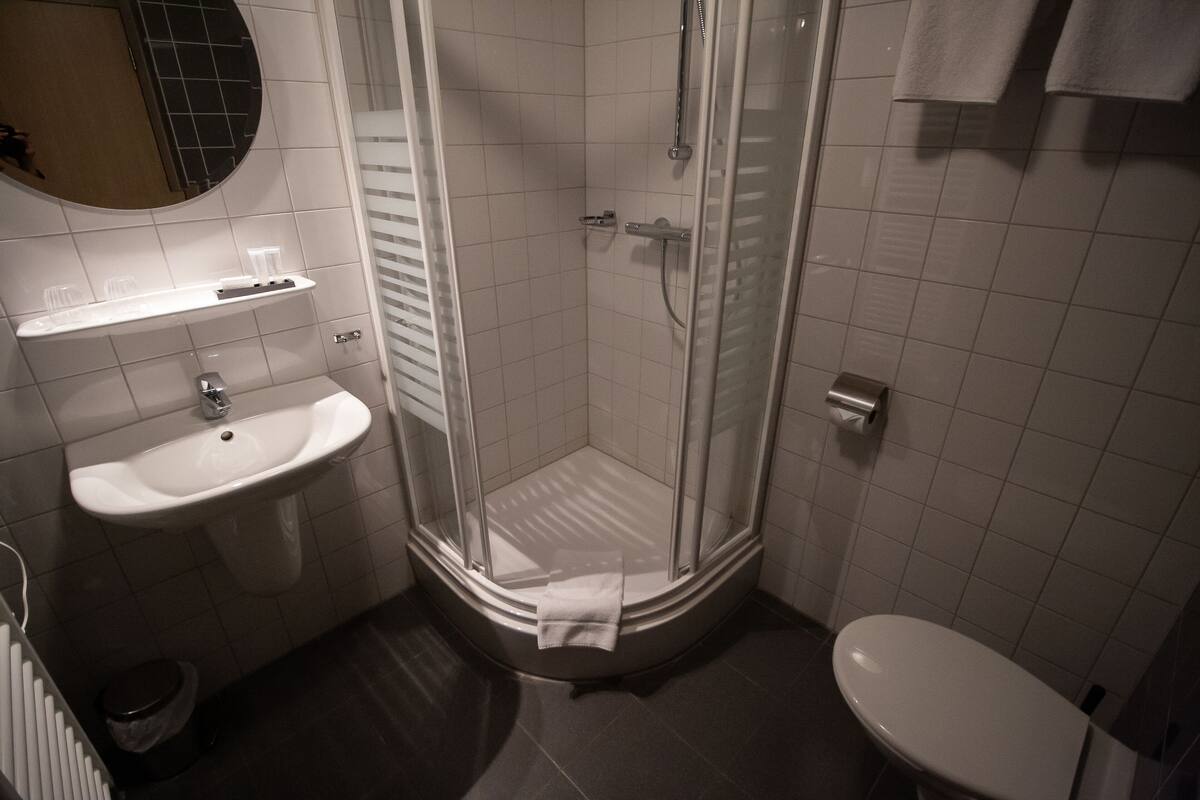 shower, free toiletries, hair dryer, towels