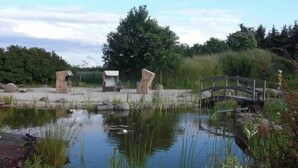 A pond with a wooden bridge, surrounded by rocks and vegetation.