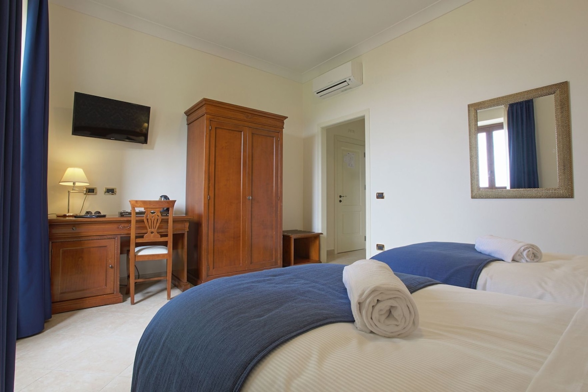 A hotel room with a bed, a desk with a chair, a wardrobe, a television, and a mirror.