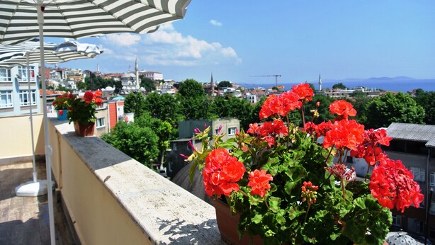 A balcony with red geraniums, a striped umbrella, and a view of a cityscape with buildings and a distant sea. - Fors Hotel Sultanahmet (Istanbul)
