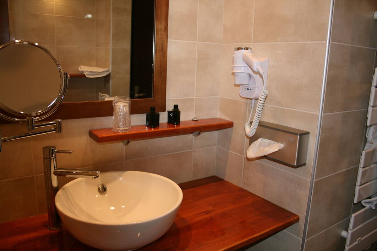 free toiletries, hair dryer, towels