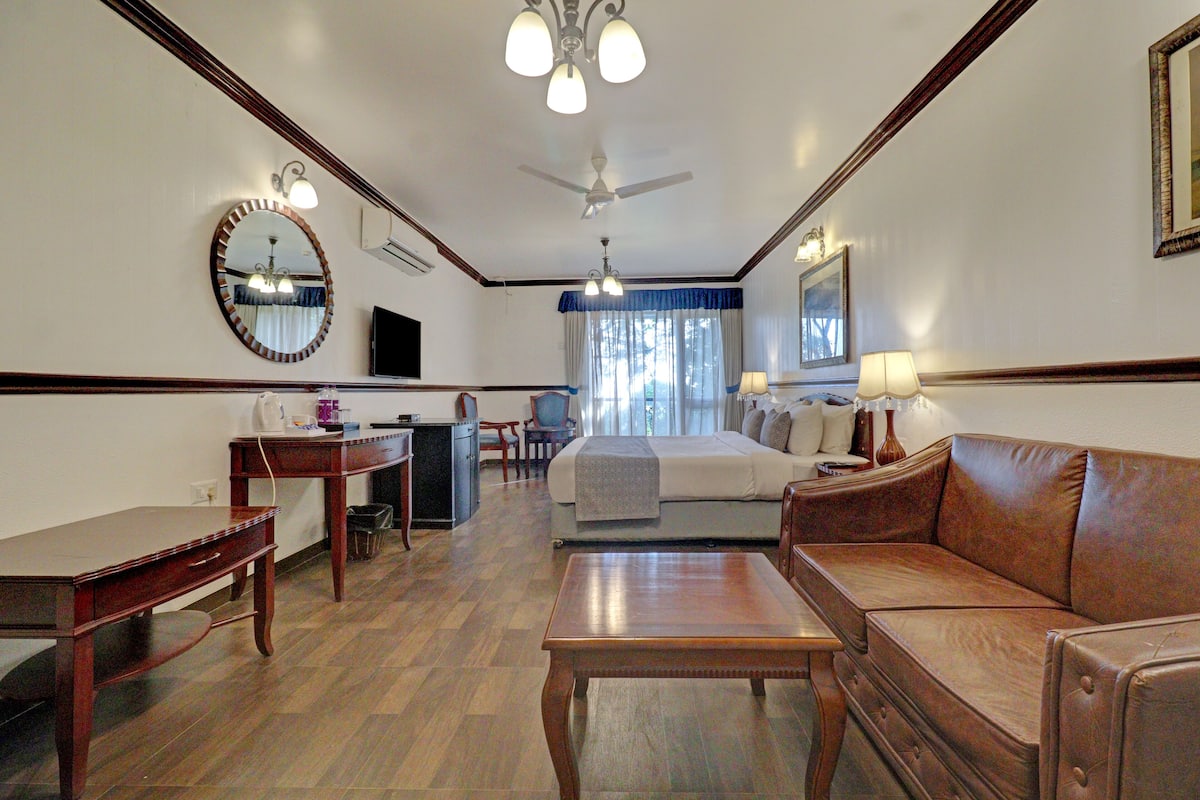 A hotel room with a bed, a desk, a sofa, and a dining table.