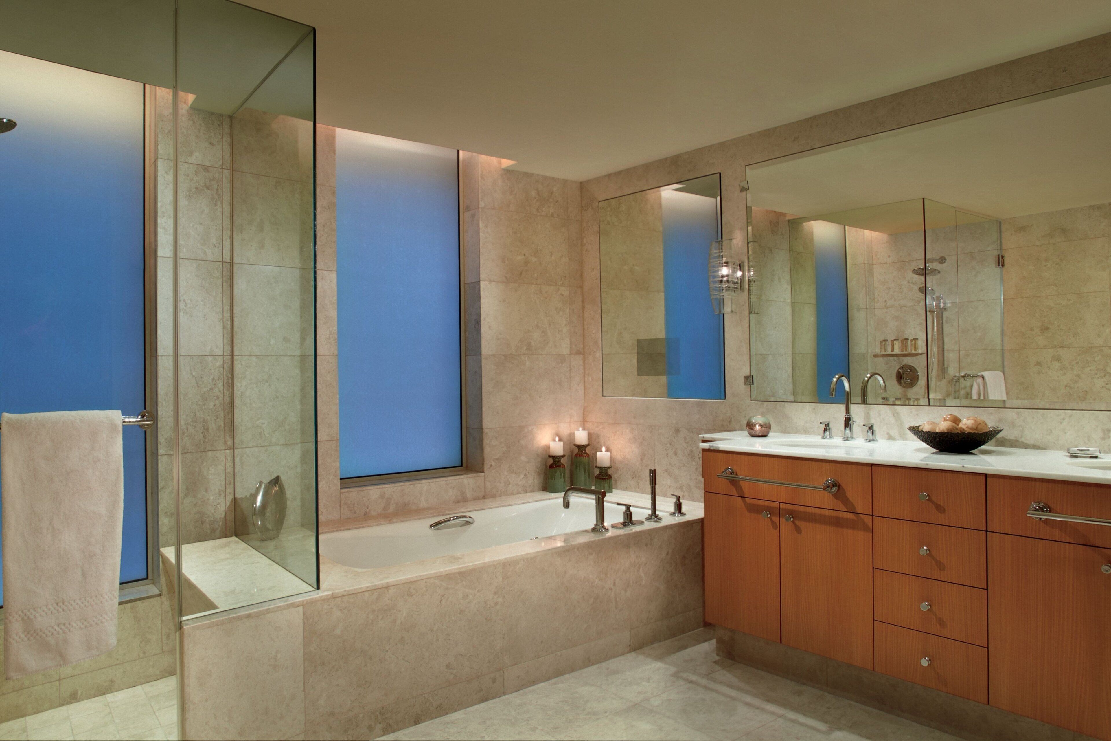 separate bathtub and shower, deep-soaking bathtub, rainfall showerhead