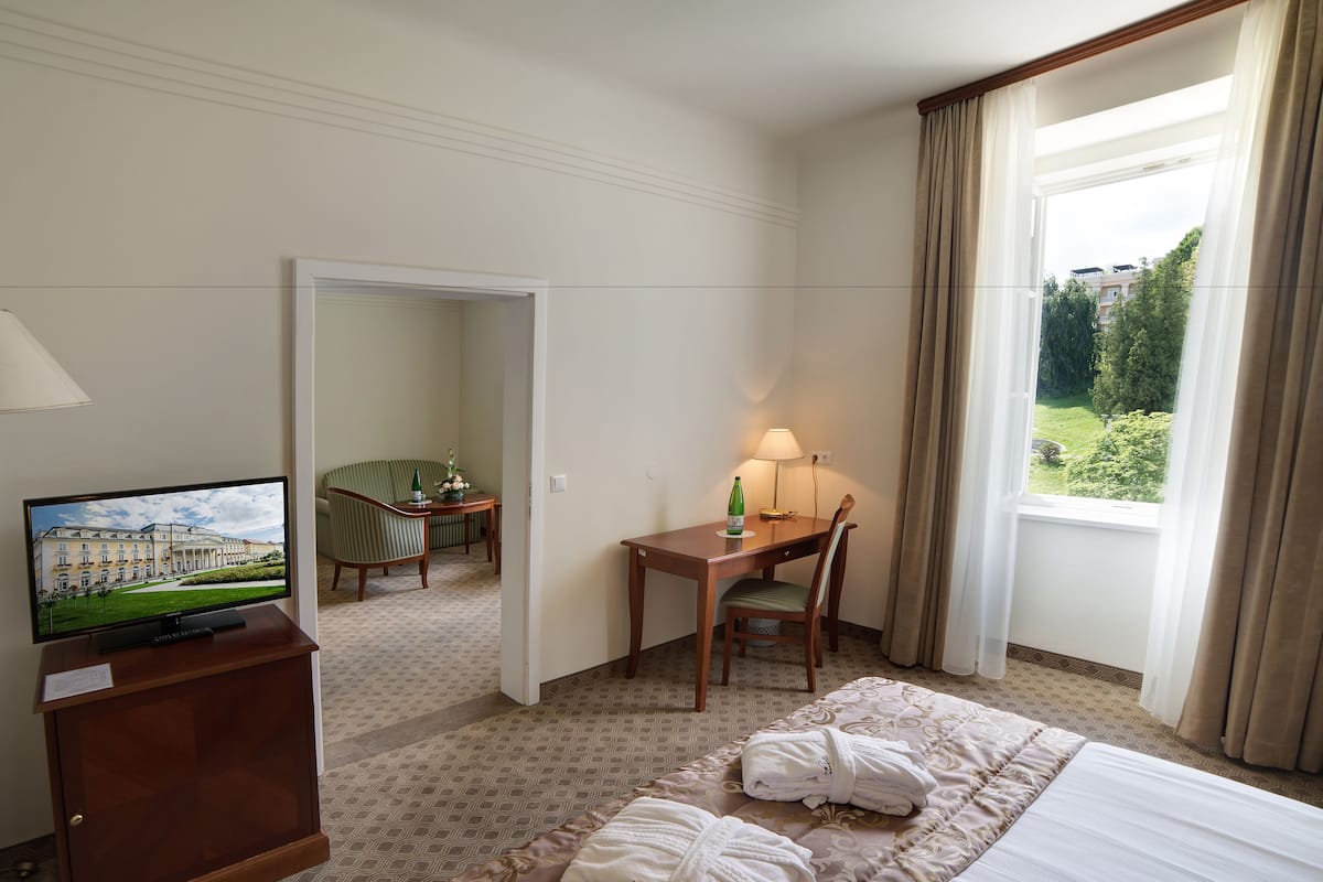Ein Hotelzimmer mit Bett, Schreibtisch, Stuhl, Fernseher und einem Fenster mit Blick auf Grünflächen.