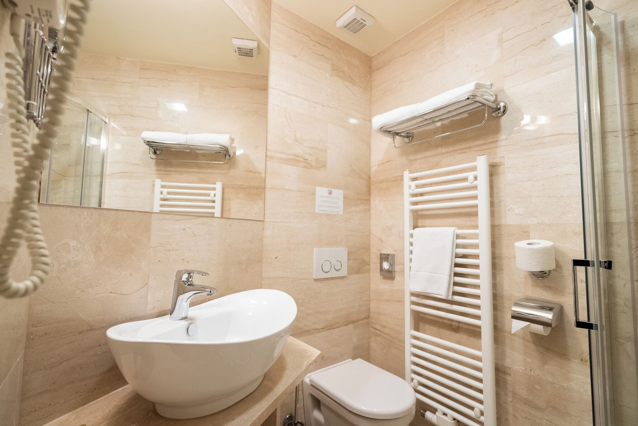 basic double room | bathroom | shower, hair dryer, slippers, towels