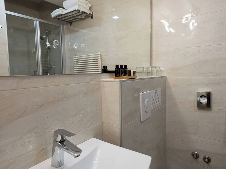 A modern bathroom with a white sink, a toilet, a glass shower enclosure, and a mirror.
