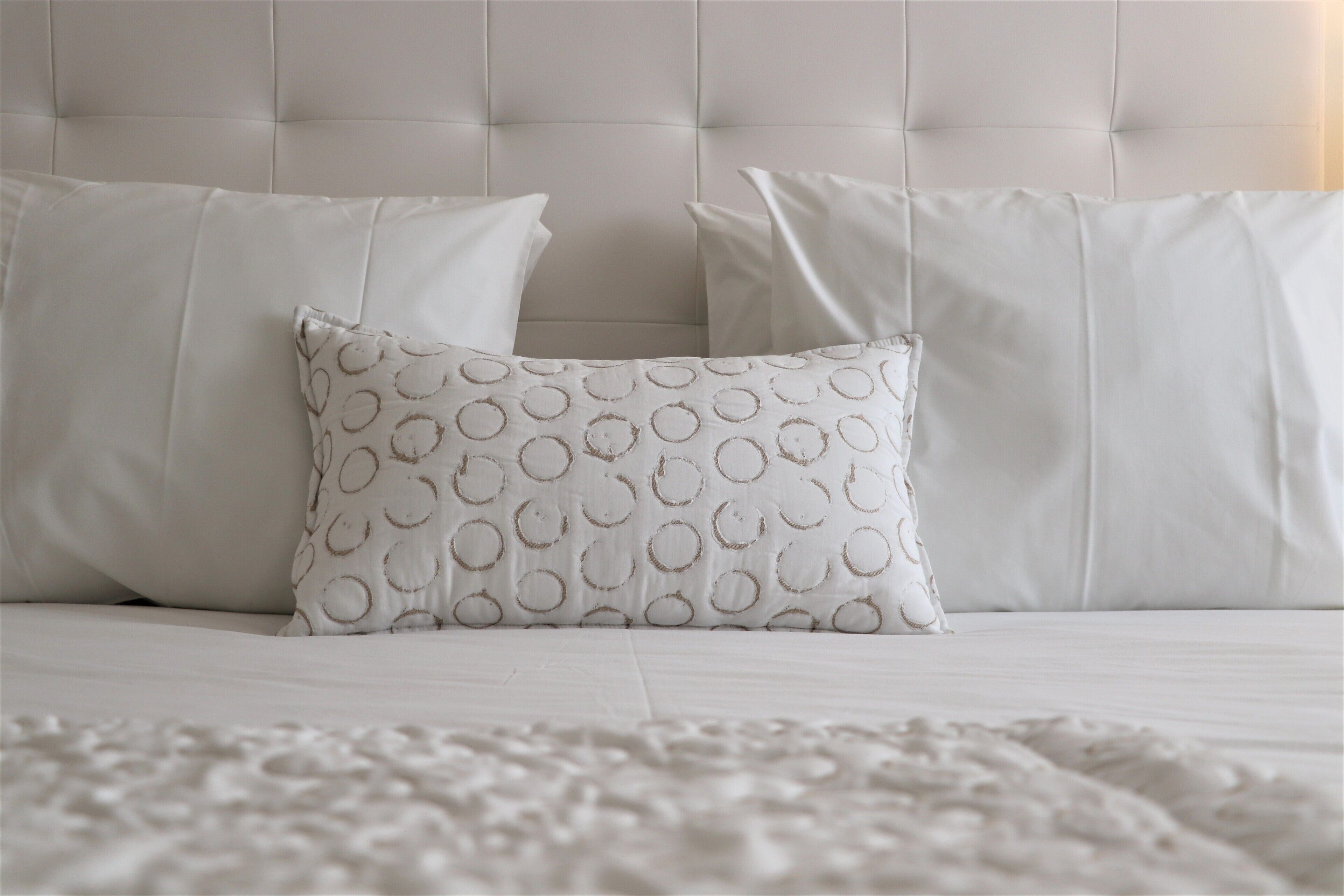 Uma cama com cabeceira estofada e duas almofadas, uma delas com padrão circular.