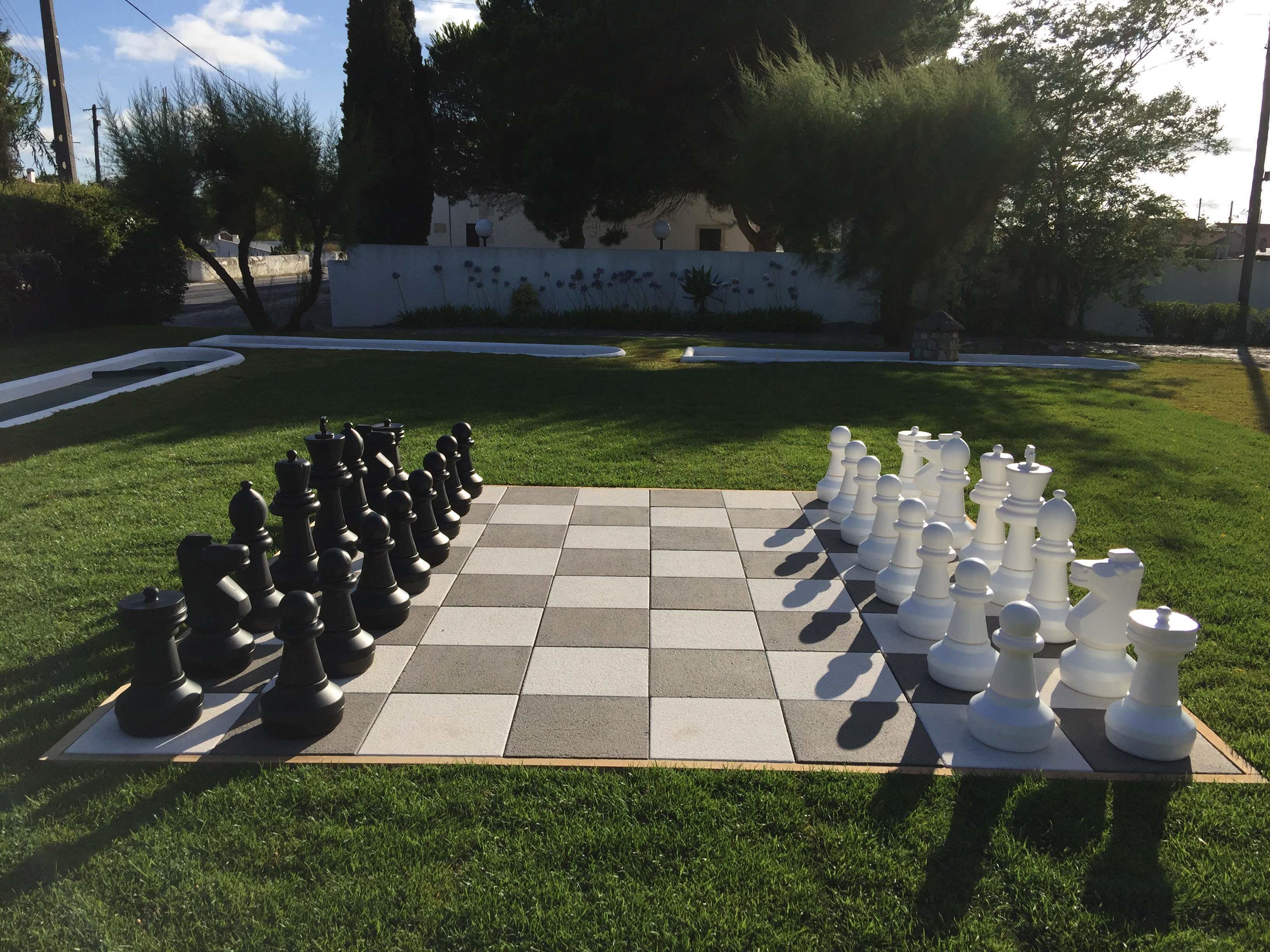 A large outdoor chessboard set up on a grassy area with trees and a building in the background.